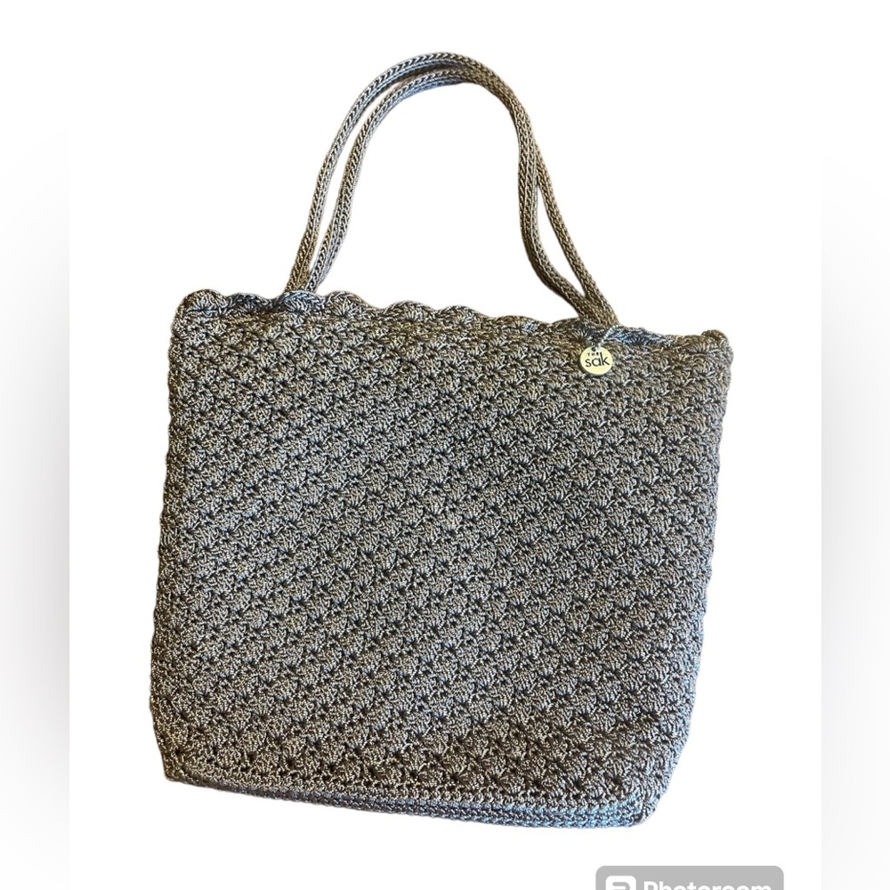 The Sak Crochet Knit Tan Brown Lettuce Edge Handbag with Middle Compartment